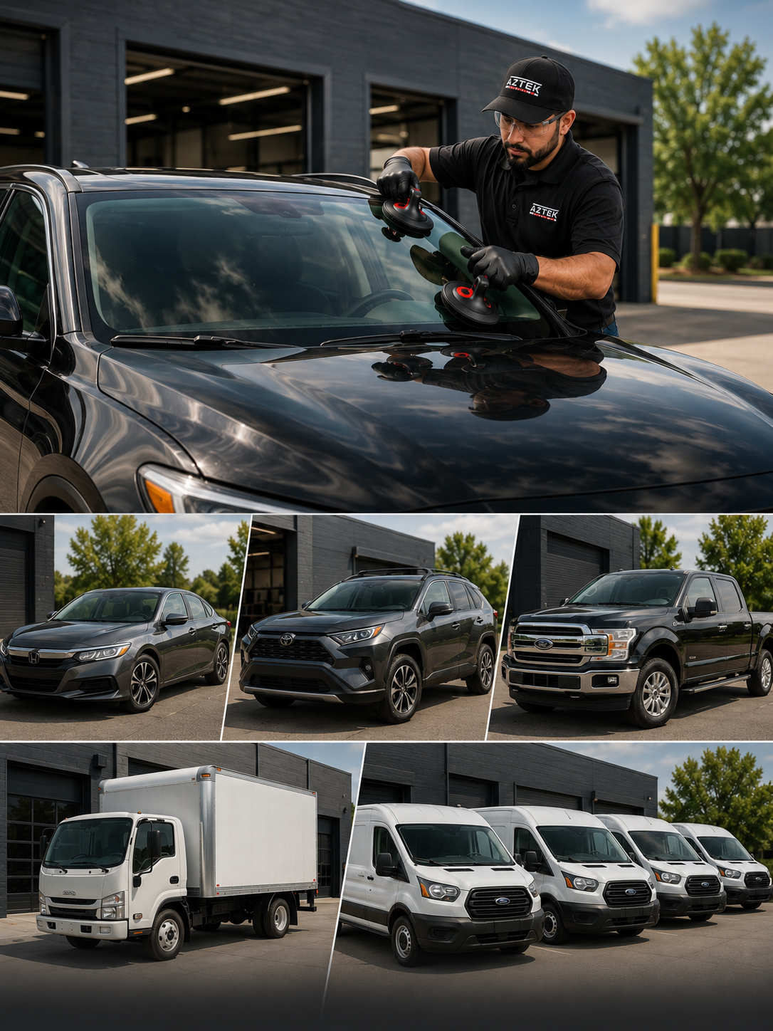 Auto glass technician installing a windshield on an SUV with a lineup of cars, trucks, commercial vehicle, and fleet vans outside a modern service shop