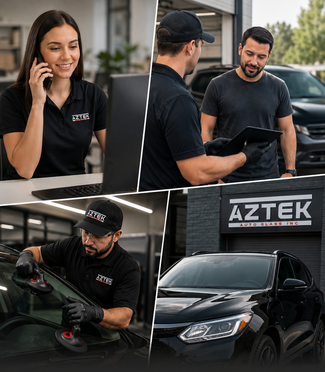 Auto glass service process showing customer calling for a quote, technician scheduling service, professional windshield installation, and completed vehicle ready to drive at Aztek Auto Glass shop.
