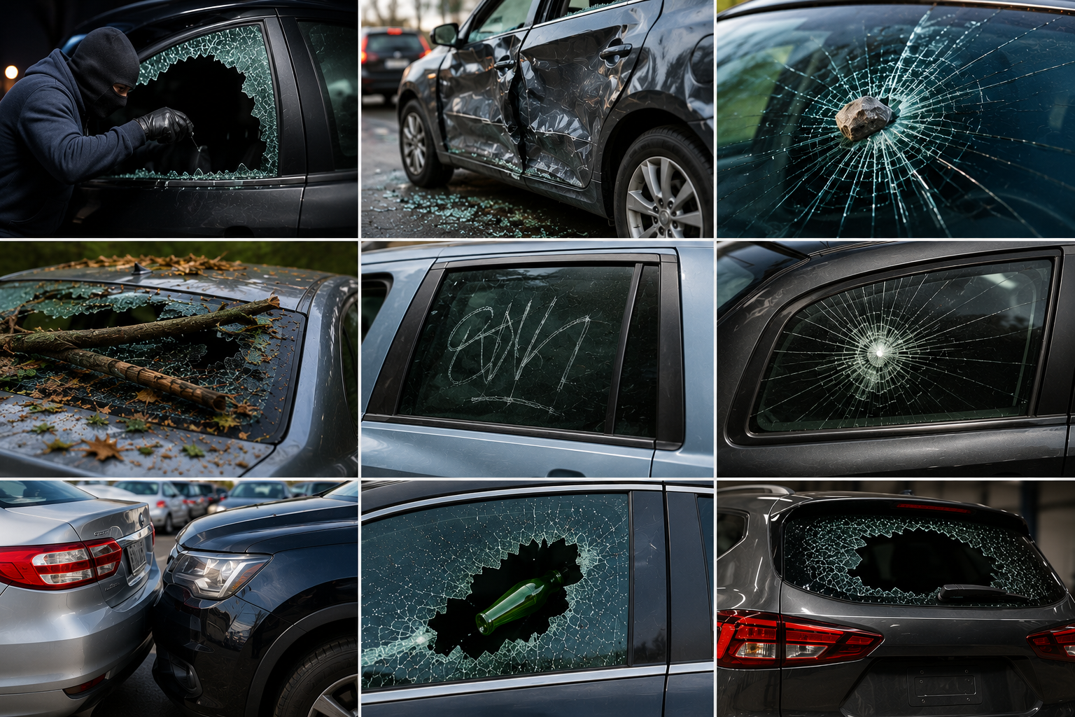 Damaged cars and shattered windows