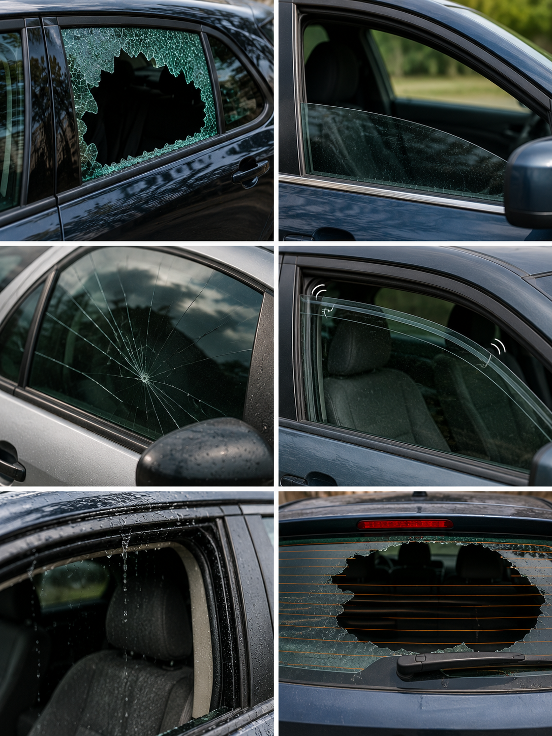 Auto glass damage close-ups