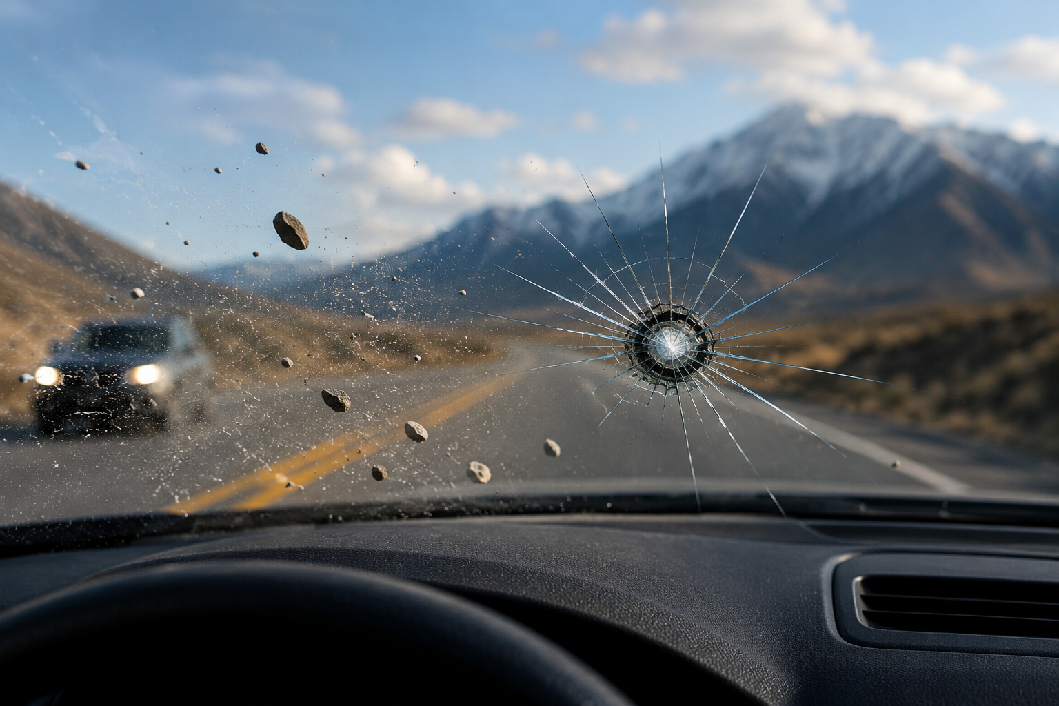 Cracked windshield on a road trip