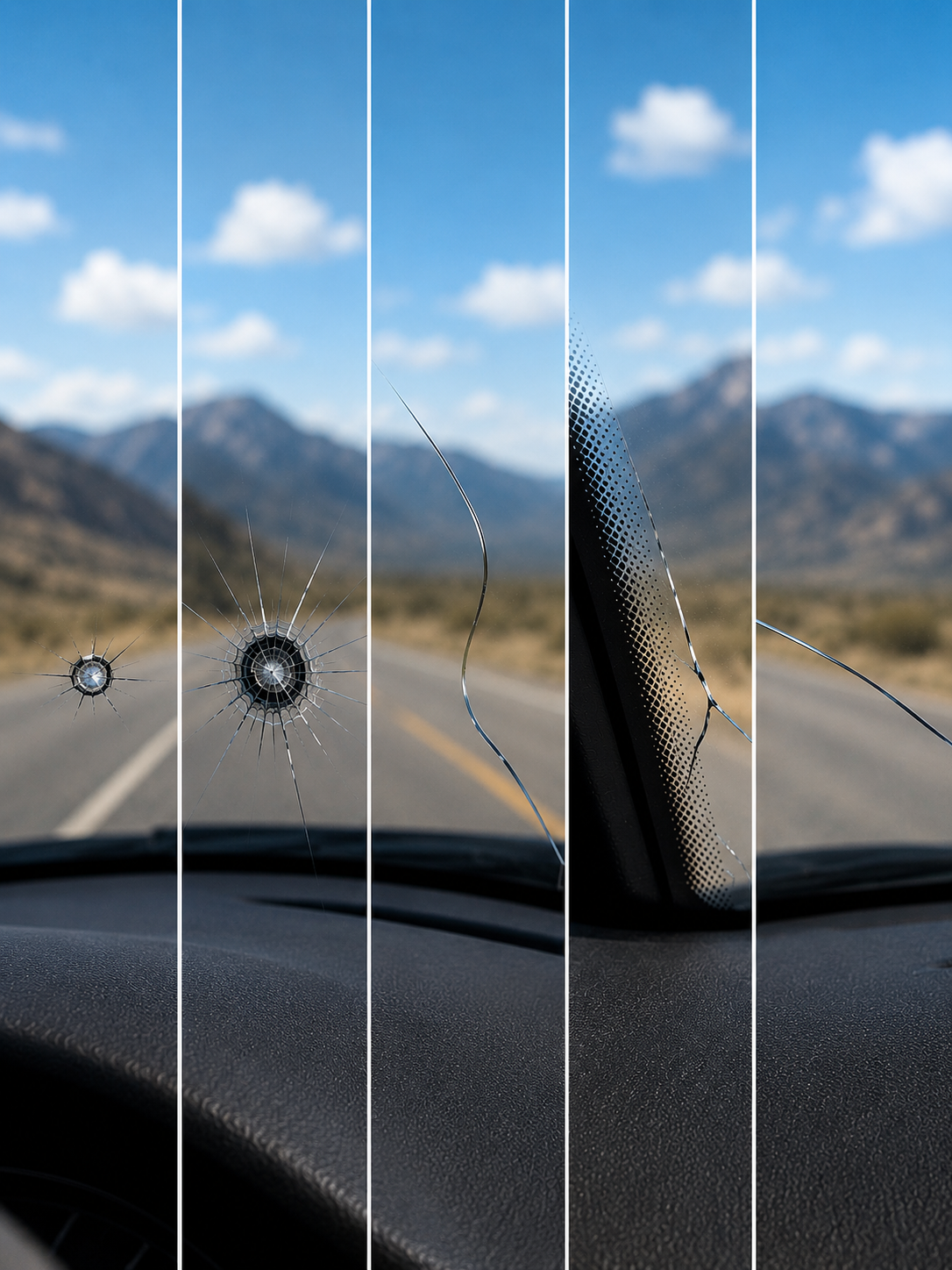 Windshield cracks on desert highway